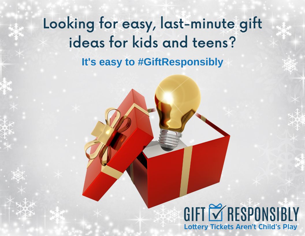 A photo of a gift box with a light bulb and text that says 'Looking for easy, last minute gift ideas for kids and teens? It's easy to gift responsibly.'